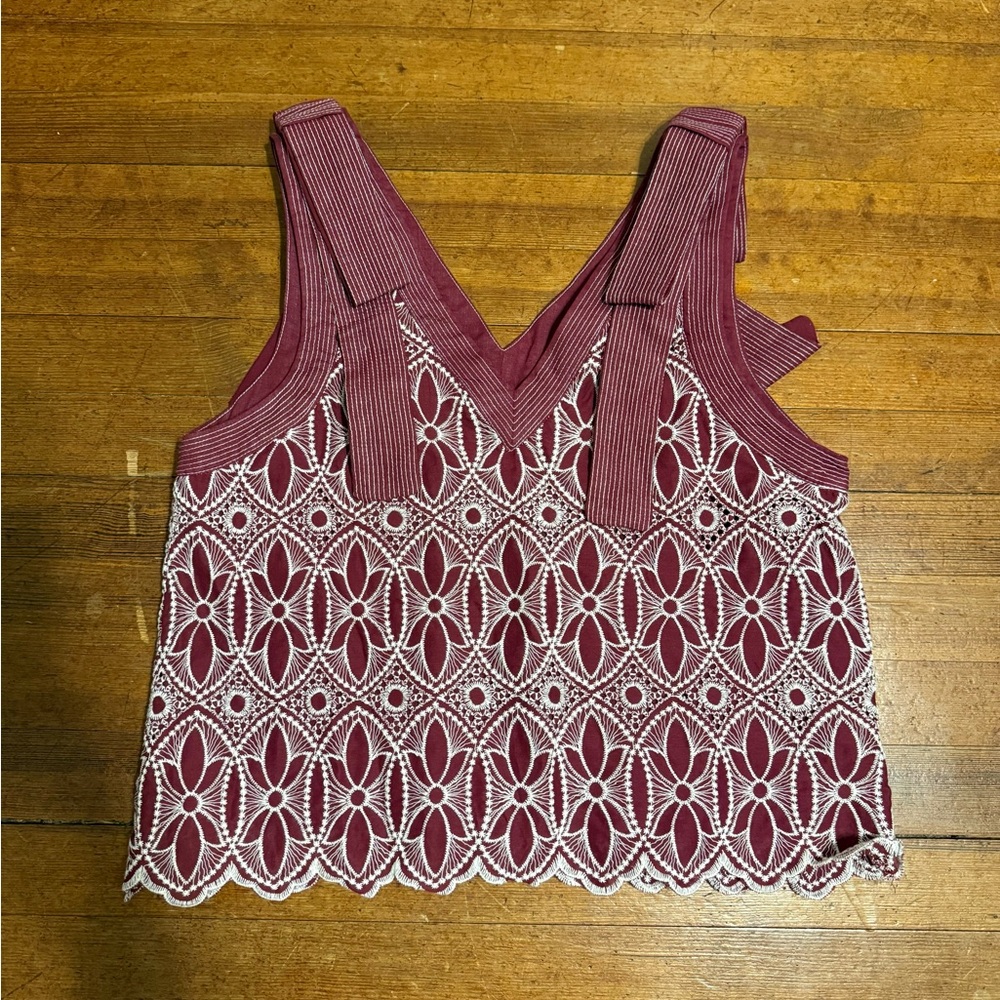 Entro Burgundy and White Lace Blouse